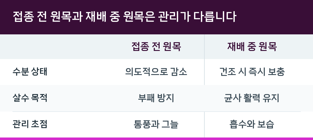 접종 전 원목과 재배 중 원목은 관리가 다릅니다