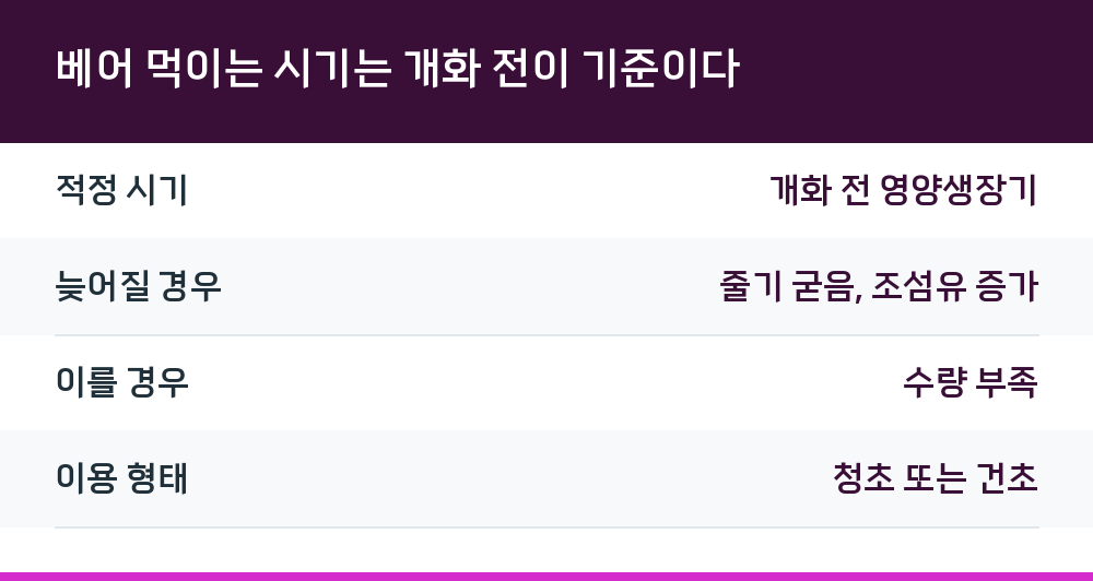 베어 먹이는 시기는 개화 전이 기준이다