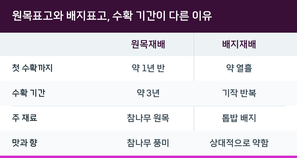 원목표고와 배지표고, 수확 기간이 다른 이유