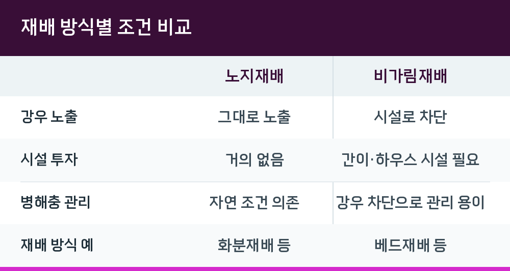재배 방식별 조건 비교