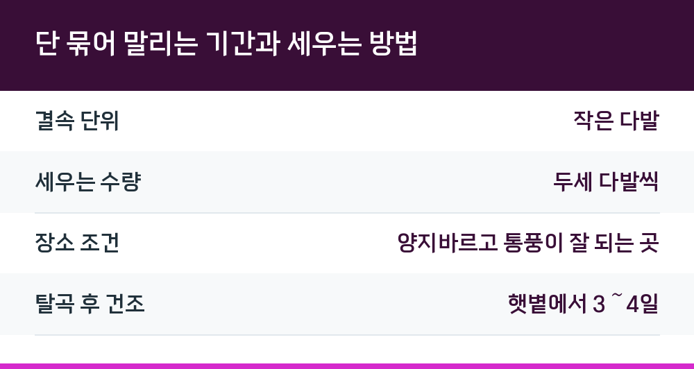 단 묶어 말리는 기간과 세우는 방법